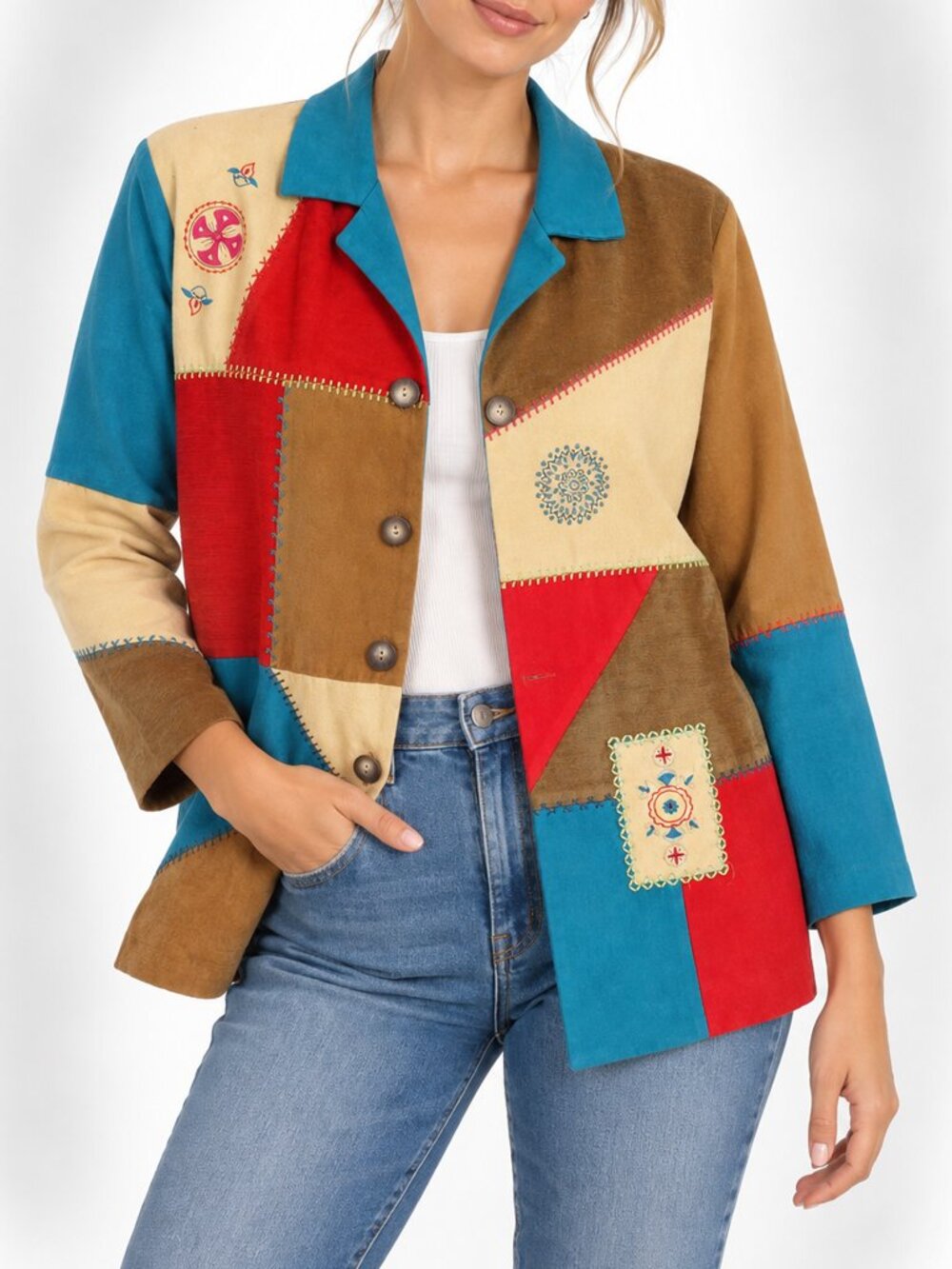 Koret Multicolor Patchwork Embroidered Boho Art-to-Wear Jacket Small